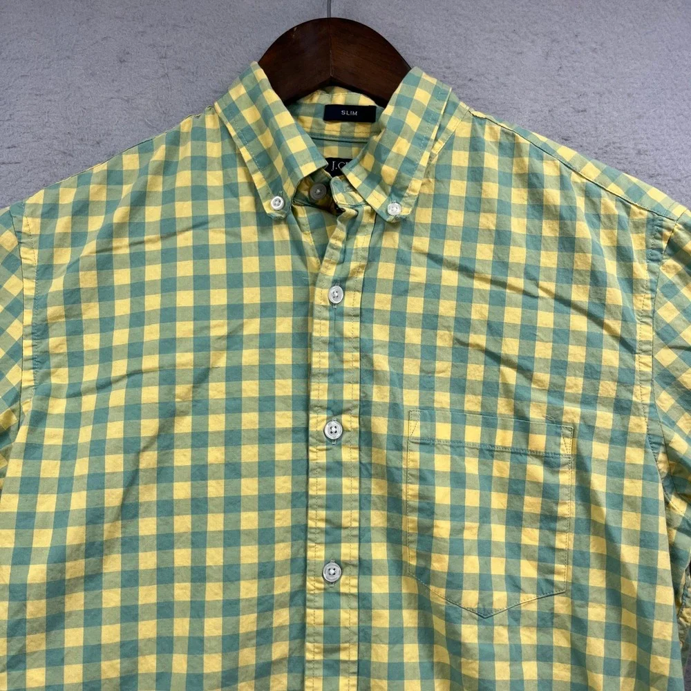 J.Crew Shirt Mens M Green Yellow Gingham Slim Fit Preppy Flex Washed Oxford
